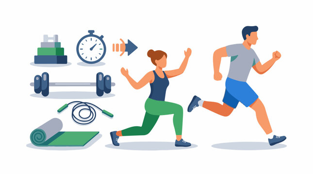 A woman and man running with fitness equipment