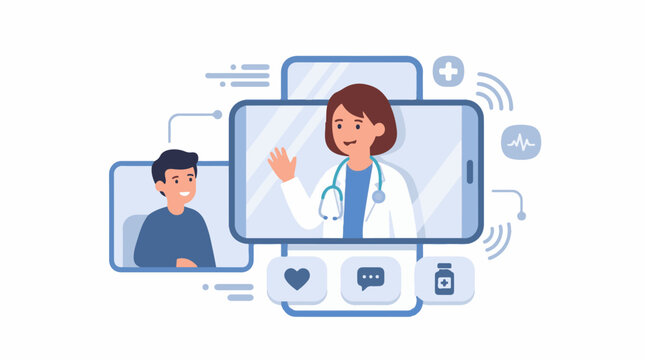 A woman doctor waves at a man on a video call