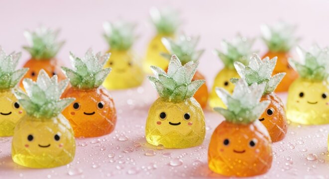 Close up of pineapple shaped candies with smiling faces and green tops