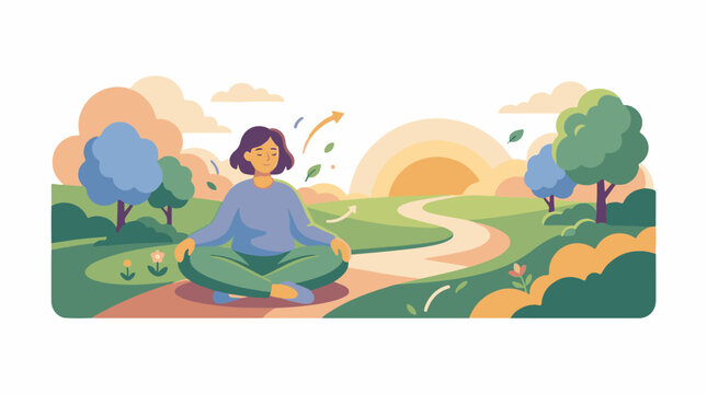 A woman sits cross-legged on a path in a serene natural setting