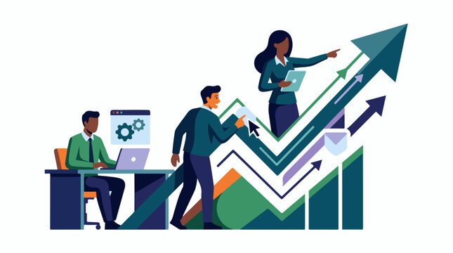 Business people analyzing data on laptop and pointing to growing graph with arrows