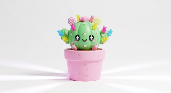 Cute 3 d rendered cactus character with sweets in a pink pot on white background