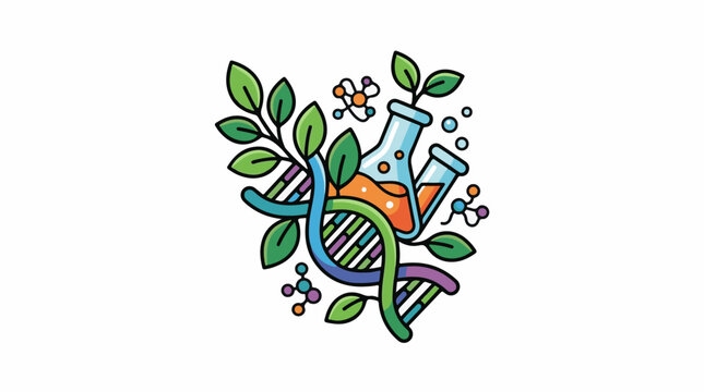 Colorful illustration of DNA leaves and test tubes