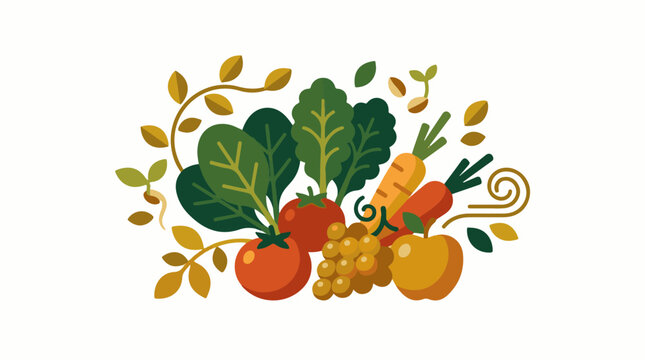 Colorful illustration of fresh vegetables and fruits with leaves (1)