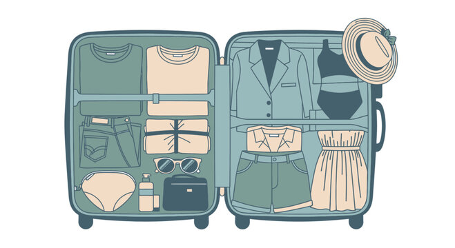 Open Suitcase Packed with Summer Vacation Clothes and Accessories