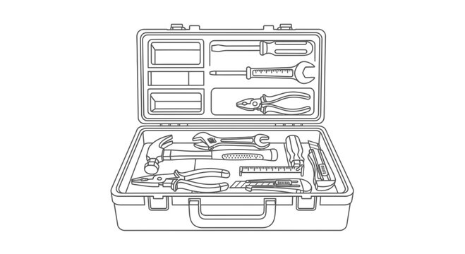 Open Toolbox with Assorted Hand Tools Line Drawing