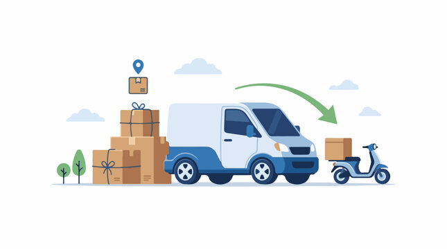 Delivery process with a van and a scooter transporting packages