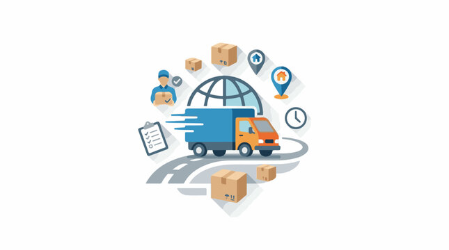 Delivery truck with packages on road around globe