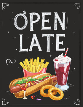  Cartel con la frase "Open Late" ilustrado con hot dog, papas fritas, aros de cebolla y batido.