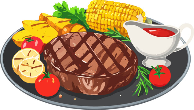  Bistec a la parrilla servido con papas fritas, ma&iacute;z, salsa y tomates cherry sobre fondo blanco.