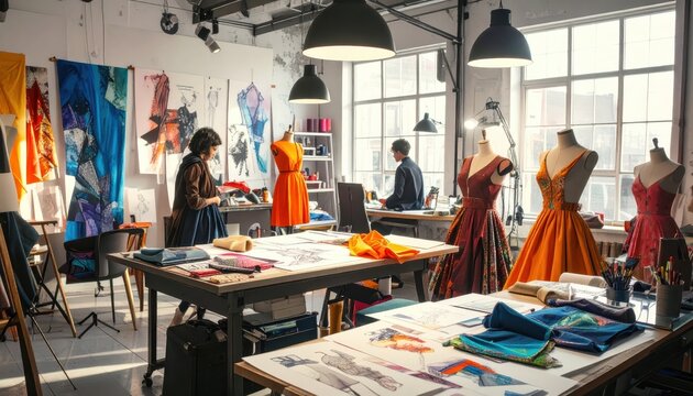 Fashion Designers Reviewing Sketches and Fabric in a Creative Atelier