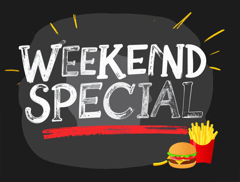  Dise&ntilde;o promocional con la frase "Weekend Special" y hamburguesa con papas fritas.