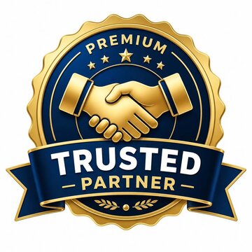 Premium trusted partner badge with golden handshake icon isolated on white background