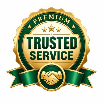 Premium trusted service golden badge with handshake icon isolated on white background