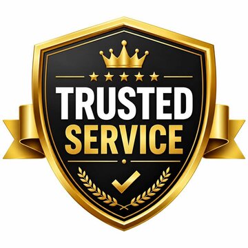 Golden shield badge with crown and ribbon for trusted service award