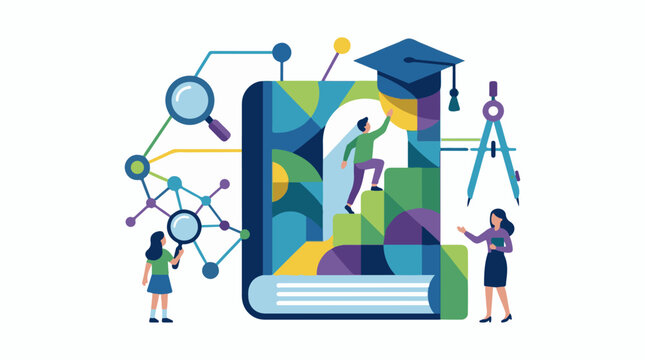Illustration of students learning on a giant smartphone with educational tools
