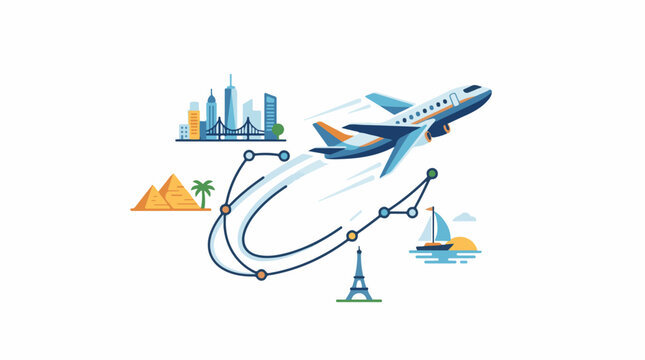 Illustration of a plane flying over landmarks