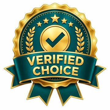 Verified choice golden badge with checkmark and laurel wreath isolated on white background