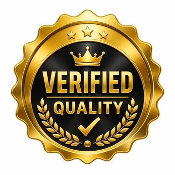 Gold and black verified quality badge isolated on white background