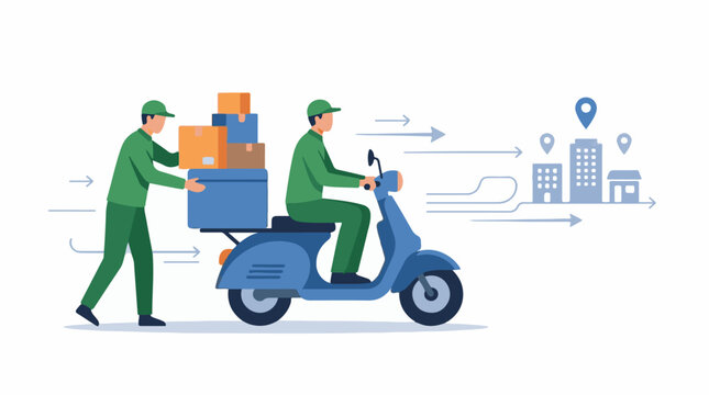 Two delivery workers in green uniforms load boxes onto a blue scooter