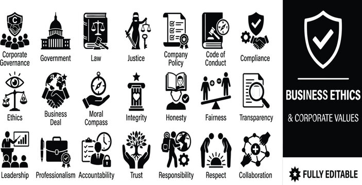 Business ethics and corporate values icon set