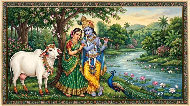 Serene Radha and Krishna with Sacred Cow beside Lotus Stream for Janmashtami Spiritual Celebration