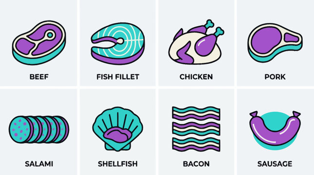 Meat and seafood vector icon set featuring beef steak, fish fillet, salami, and shellfish in a flat cartoon style