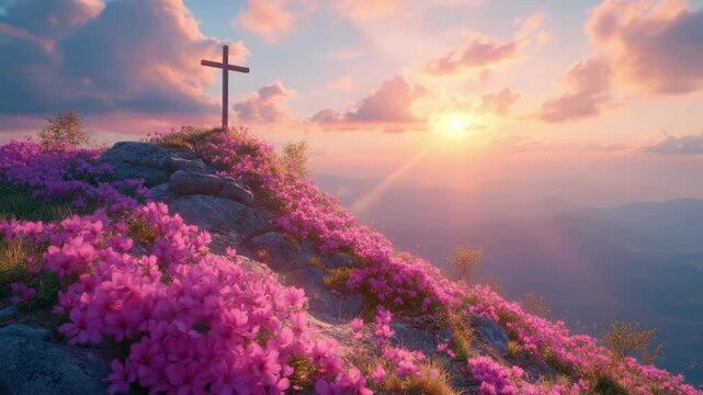 Cross on mountain with pink flowers at sunset. Easter, Pascha, Paskha, Ostern, Pascua, Paques - Orthodox and Catholic Holiday celebration