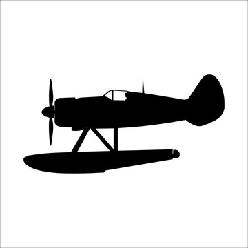 Silhouette of floatplane propeller aircraft plane with floatplane, seaplane