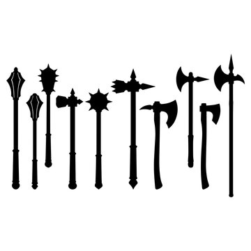 Set of medieval polearms and maces silhouette icons with medieval, silhouette