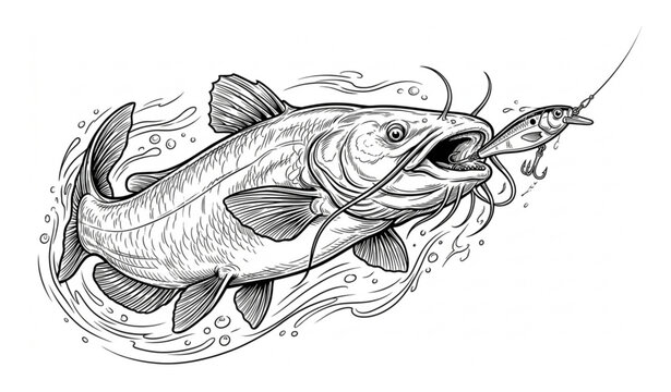 Catfish Catching Fishing Lure Black and White Vector
