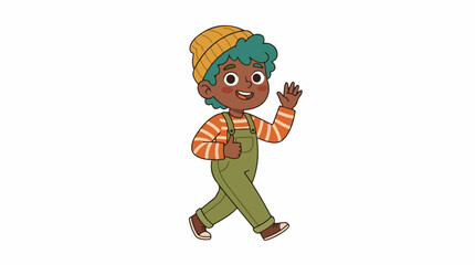 Naklejka premium A cartoon illustration of a smiling child with green hair wearing a yellow beanie orange and white striped shirt green