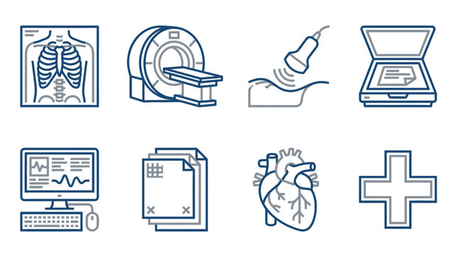 Medical radiology icon set featuring x-ray chest scan, mri machine, monitor, and records.