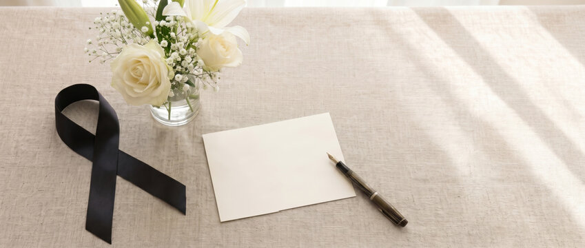 Blank condolence note with black ribbon and white floral arrangement on linen table