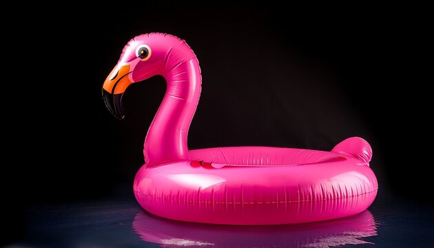 a vibrant pink inflatable flamingo pool float against a black backdrop