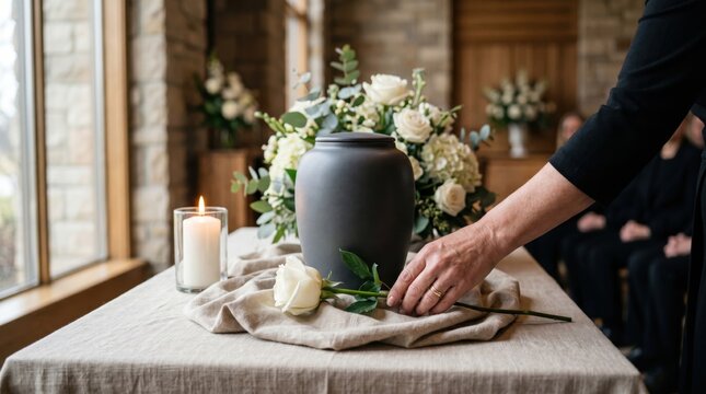 Single hand placing a white rose beside an urn creates a strong funeral image that clearly communicates cremation memorial, remembrance, farewell ritual and respectful tribute.