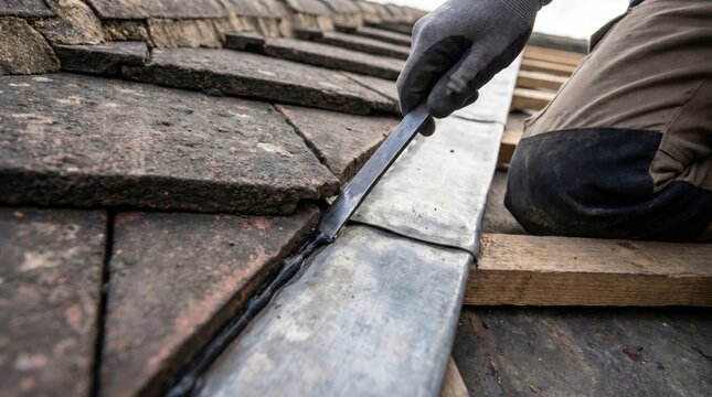 Professional Roofer Repairing Lead Flashing on a Tiled Roof with Sealant for Waterproofing