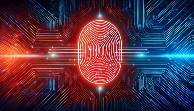 access control fingerprint security cybersecurity and information technology blue red background with digital integrated network technology