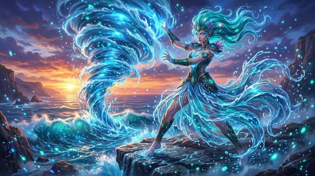 Water Elemental Sorceress Conjuring Vortex on Ocean Cliff at Sunset