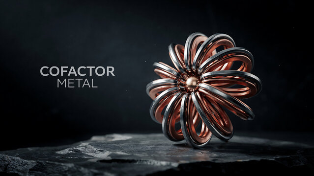 Cofactor metal flower sculpture with copper and silver petals on rocky surface in dark background