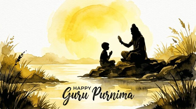 Watercolor illustration for guru purnima with a silhouette of guru with a disciple.