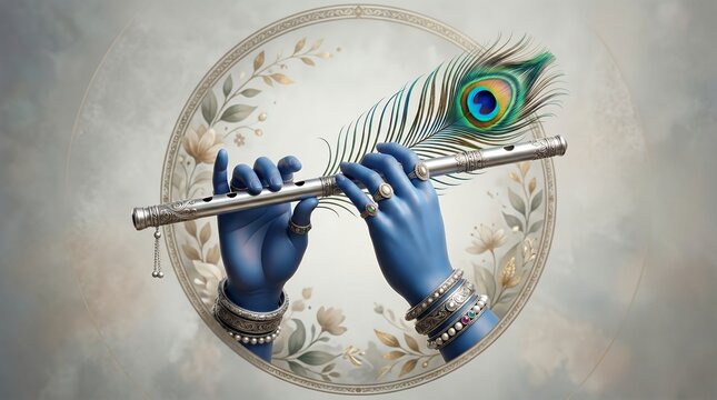 Blue hands of Lord Krishna playing silver flute with peacock feather