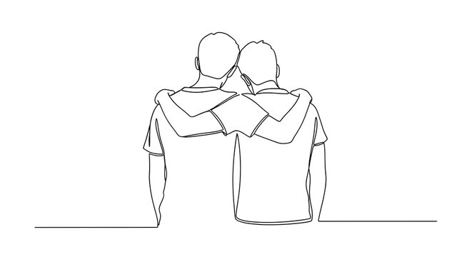 Simple line art drawing of two friends embracing each other with friendship