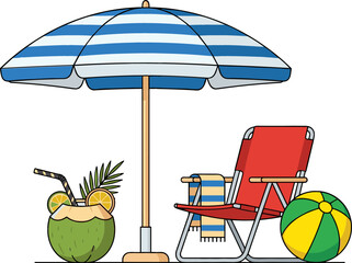 Summer Beach Vacation Vector Illustration Featuring Blue Striped Parasol Umbrella Red Lounge Chair Inflatable Ball and Fresh Coconut Drink on White Background © monoara