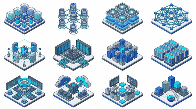 Isometric futuristic cityscape with digital technology elements.