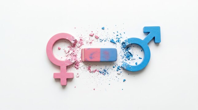Conceptual Image of Eraser Removing Male Gender Symbol Next to Female Symbol