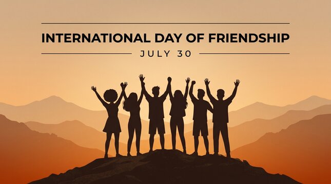 International day of friendship poster with silhouette of happy group of friends.