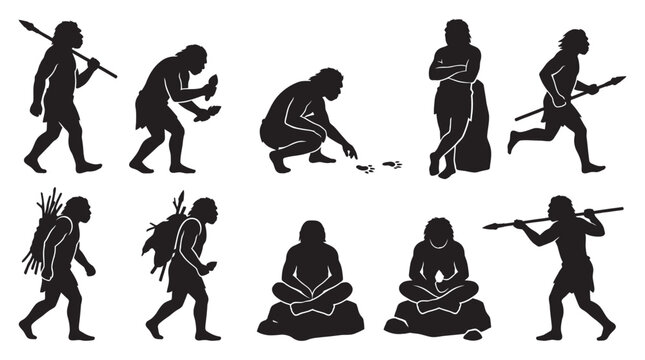 Caveman Figures In Various Poses Black Silhouette