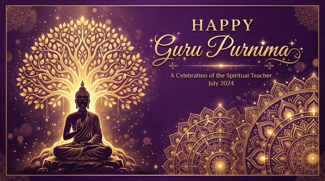 Guru purnima meditation illustration with glowing spiritual tree and divine aura representing wisdom devotion and enlightenment for greeting banner poster background culture design
