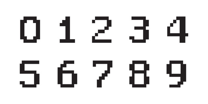 Pixel Art Number Set Zero to Nine, Pixelated Numeric Digits Collection, Retro 8-Bit Number Icon Vector, Isolated on White Background